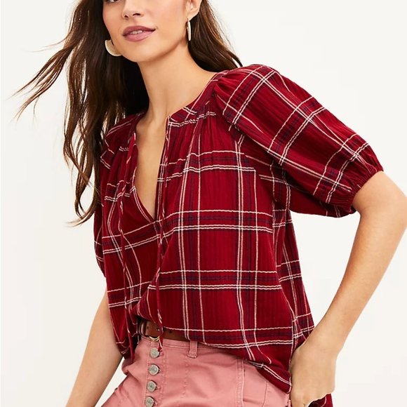 LOFT Plaid Tie Neck Puff Sleeve Top - Picture 2 of 8